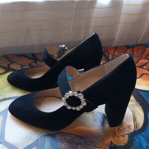 NWT Black Suede with Pearl and Rhinestone Buckle Pump